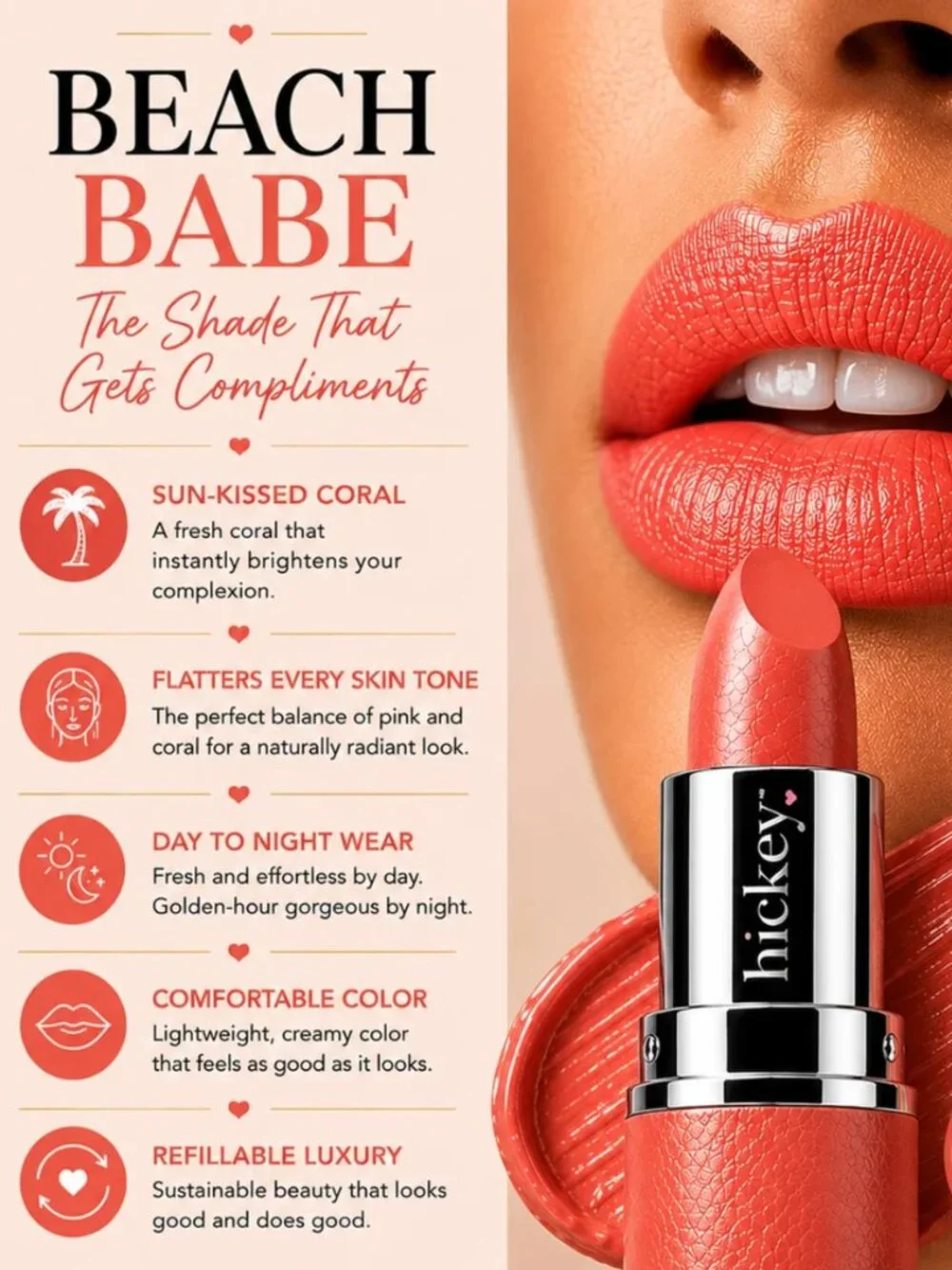 Beach Babe Refill | Peachy Coral Lipstick Refill for Hickey Wearable Lipstick Pe